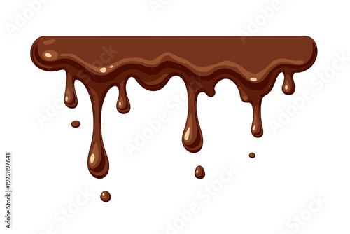 A glossy dark brown chocolate syrup drips down from a horizontal bar against a solid black background. The illustration features smooth liquid drops and highlights for a realistic effect.