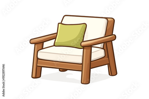 This illustration shows a wooden armchair with white cushions and a lime green throw pillow. The furniture has a simple design with rounded edges and is depicted in a cartoon art style.