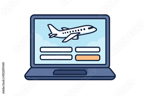 A flat vector illustration of a laptop computer displaying an online flight booking website with an airplane icon and search fields on a light blue background.