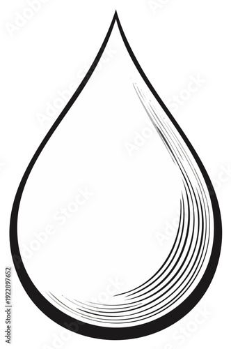 Ink drawing of a single water droplet with hatched lines, black and white illustration.