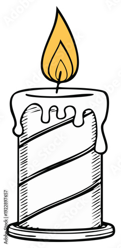 Hand drawn illustration of a lit striped candle with dripping wax and a warm flame