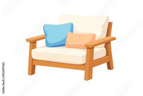 A stylish wooden armchair features thick white cushions and two decorative throw pillows in blue and peach. This modern piece of furniture is designed for comfort and relaxation.