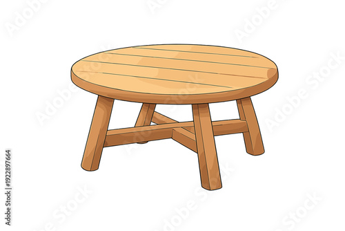 A round wooden table with a planked top and four sturdy legs connected by a cross-brace support. This illustration features a light brown finish and is set against a black background.