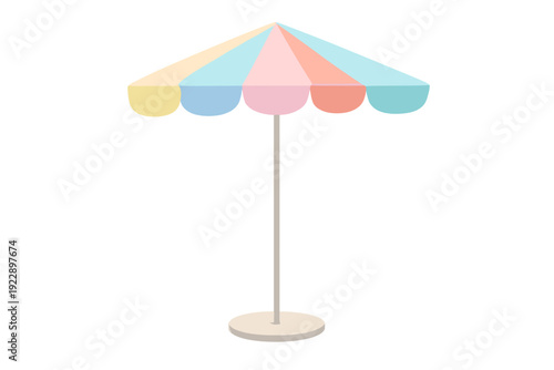 A 3D rendered image features a vibrant patio umbrella with pastel stripes in yellow, blue, pink, and orange, complete with a sturdy central pole and a circular base.