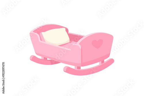 A pink toy baby cradle with a white pillow and a heart design on the footboard, featuring curved rockers for a gentle swaying motion, isolated on a black background.