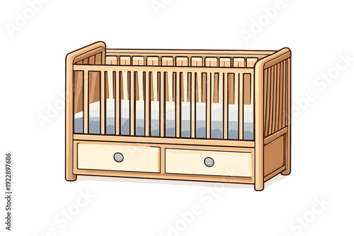 This illustration shows a light-colored wooden baby crib with vertical slats and two storage drawers underneath. It features a simple design suitable for a nursery or child's room.