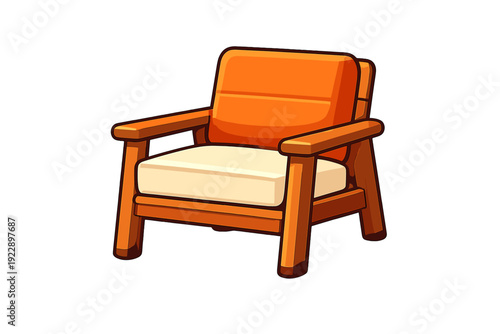 A cartoon illustration of a wooden armchair featuring an orange back cushion and a cream-colored seat cushion, set against a solid black background. The chair has a simple, modern design.