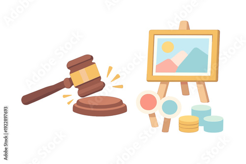 A cartoon illustration depicting an art auction with a wooden gavel hitting a sound block next to a landscape painting on an easel, bidding paddles, and stacks of coins on a black background.