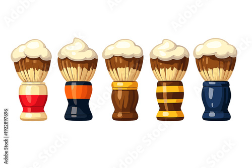 A row of five colorful shaving brushes with white lather on top, set against a solid black background. Each brush features a unique handle design and light-colored bristles with brown tips.