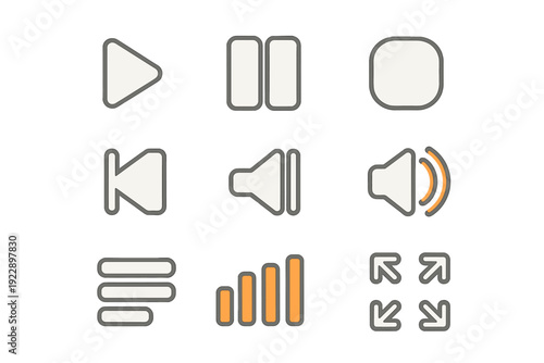 A collection of nine minimalist media player icons on a black background. The set includes play, pause, stop, volume, and full screen symbols with rounded edges and orange accents.