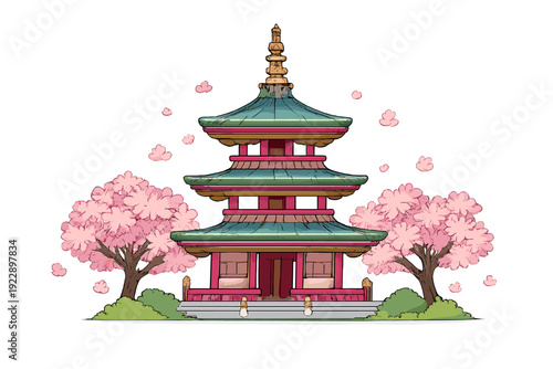 A three-tiered Japanese pagoda stands between two blooming cherry blossom trees with pink petals falling against a black background in a clean anime illustration style.