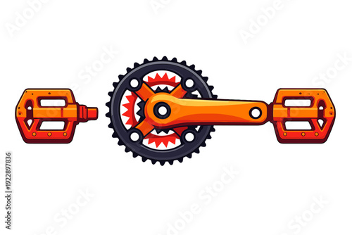 A stylized vector illustration of an orange bicycle crankset and pedals against a solid black background. The design features a black chainring with red and white accents.