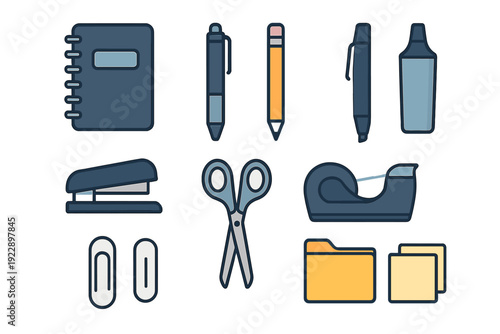 A collection of flat vector icons representing various office and school supplies including a notebook, pen, pencil, stapler, scissors, tape dispenser, and folders on a black background.