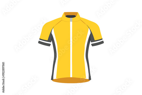 A vector illustration of a yellow cycling jersey with black side panels and a full-length front zipper. The short-sleeved shirt features a stand-up collar and athletic design.