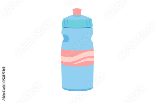 This flat illustration features a light blue plastic sports water bottle with a pink pull-top cap and a wavy pink band around the middle, set against a black background.