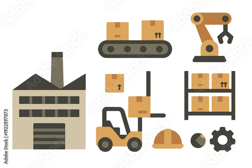 A collection of flat vector icons representing industrial manufacturing and logistics, including a factory building, forklift, conveyor belt, robotic arm, and warehouse shelving.