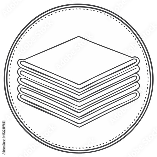 Stacked folded linen towels in a circular frame illustration.
