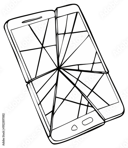 Smashed and Broken Smartphone with a Cracked Screen Line Art Drawing