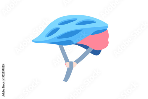This cartoon illustration features a blue and pink bicycle helmet with grey chin straps and ventilation holes. The safety equipment is shown from a side profile on a black background.