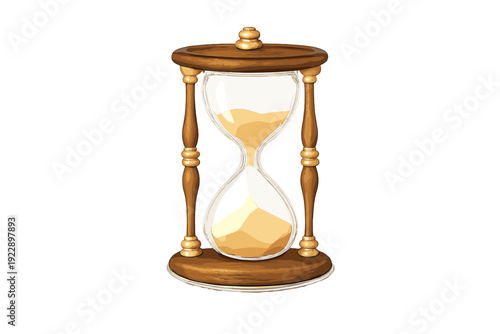 A traditional wooden hourglass with golden sand trickling through the glass bulbs. The object is centered against a dark, minimalist background in a 3D rendered style.