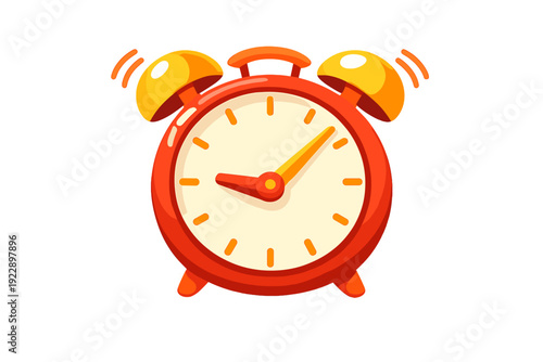A cartoon illustration of a red alarm clock with yellow bells ringing against a black background. The clock face is white with orange hands and hour markers.