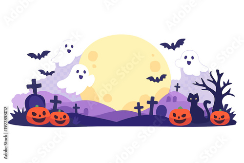 A spooky Halloween illustration featuring friendly ghosts, carved pumpkins, a black cat, and bats in a graveyard under a large full moon with a purple landscape.