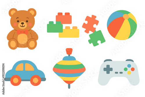 A colorful collection of toys for children including a teddy bear, building blocks, puzzle pieces, a ball, a toy car, a spinning top, and a game controller on a black background.