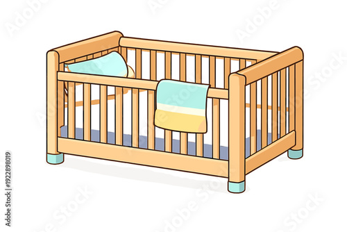 A wooden baby crib with vertical slats features a blue pillow inside and a light blue and yellow blanket draped over the side rail, set against a dark background in an illustration style.