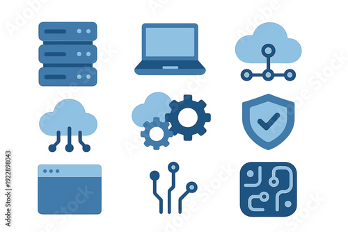 A set of nine blue technology icons representing cloud computing, data storage, network security, and digital infrastructure, featuring servers, laptops, and circuit designs.