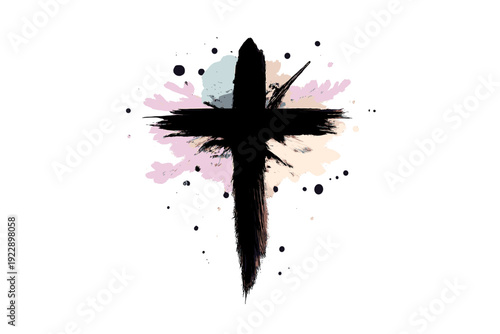 An abstract black cross with a textured brush stroke appearance is centered against a dark background with pastel pink and blue paint splatters and artistic cloud shapes.