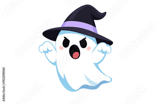 A cute cartoon ghost wearing a black witch hat with a purple band floats against a solid black background. The ghost has an angry expression with an open mouth and pink cheeks.