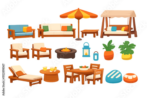 A collection of stylized outdoor furniture and garden decor items including sofas, a swing, an umbrella, a dining set, and potted plants, all presented in a cartoon digital style.