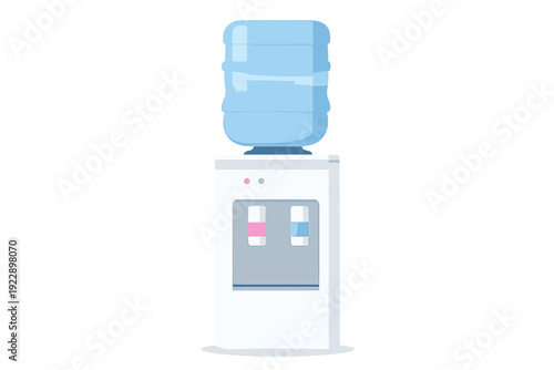 A flat illustration of a white water cooler dispenser with a large blue plastic jug on top. It features two taps for hot and cold water and indicator lights on the front panel.