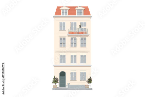 Fotografía A flat illustration of a five-story cream-colored apartment building with a red mansard roof, dormer windows, a small balcony, and an arched green entrance door on a black background