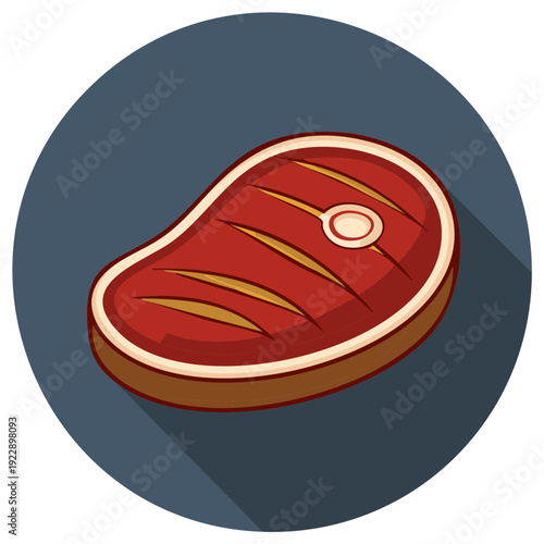 Grilled Beef Steak Icon with Long Shadow in Flat Design Style
