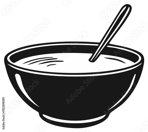 Black and white illustration of a bowl of soup with a spoon