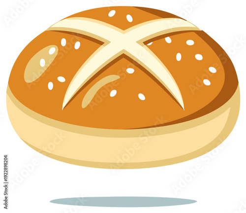 Golden brown bread roll with sesame seeds and cross cut illustration