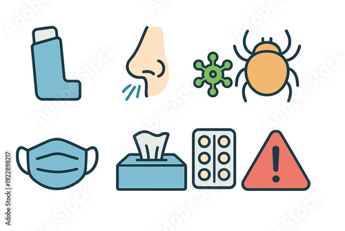 A collection of flat vector icons related to allergies and respiratory health, including an inhaler, a sneezing nose, a dust mite, a face mask, tissues, pills, and a warning sign.