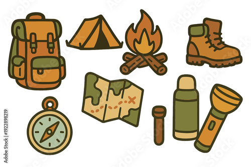 A collection of camping and hiking equipment icons including a backpack, tent, campfire, boot, compass, map, thermos, and flashlight in a flat illustration style on a black background.