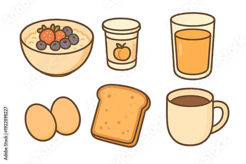 A collection of breakfast food items including a bowl of oatmeal with berries, a yogurt cup, orange juice, two eggs, a slice of toast, and a mug of coffee in a simple illustrated style.