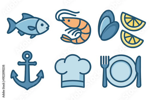 A collection of six seafood and nautical themed icons including a fish, shrimp, mussels with lemon, an anchor, a chef hat, and a dinner plate with cutlery on a black background.