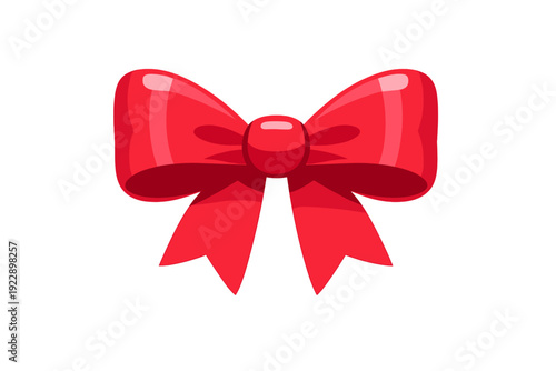 A glossy red ribbon bow with a central knot and two pointed tails is centered on a solid black background. The illustration features smooth gradients and bright white highlights.