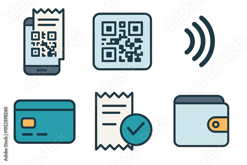 A set of six flat icons representing digital payment methods, including a smartphone with a QR code, a credit card, a wallet, a receipt with a checkmark, and a contactless signal.