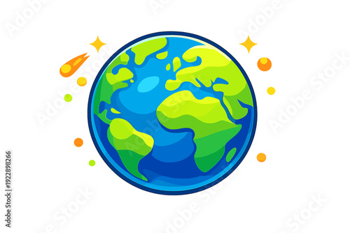 A colorful vector illustration features a cartoon version of planet Earth with green landmasses and blue water, accompanied by stars and space objects on a black backdrop.