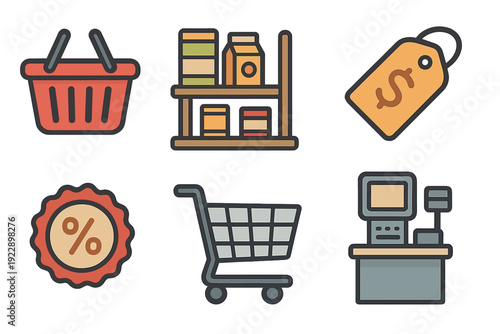 A collection of six flat-style retail icons including a red basket, grocery shelves, a price tag, a percentage discount badge, a shopping cart, and a cash register on a black background.