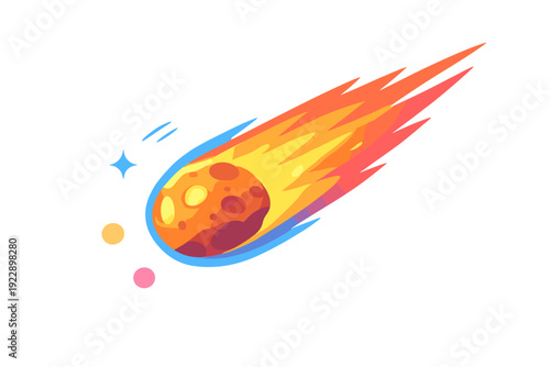 A colorful vector illustration of a meteor with a rocky cratered surface and a long fiery tail, soaring through black space accompanied by small stars and celestial bodies.