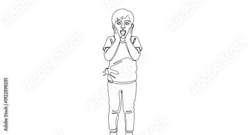 Humorous outline illustration capturing a person making a funny facial expression, sticking out their tongue and cupping cheeks in a playful manner