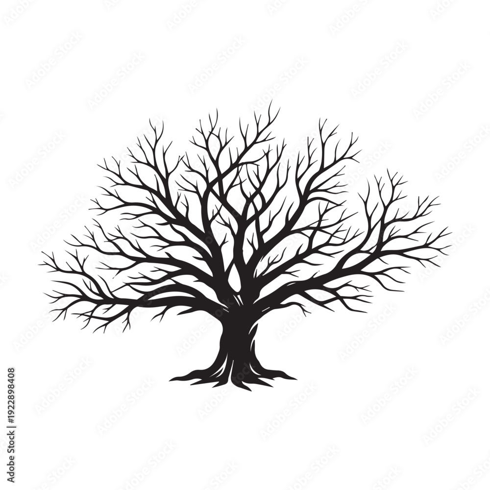 Obraz premium Black vector tree silhouette illustration featuring a detailed trunk with roots and branches isolated on white for nature and forest design projects