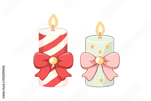 Two decorative illustrated candles with lit flames stand against a black background. One features red stripes and a red bow, while the other has stars and a pink bow.