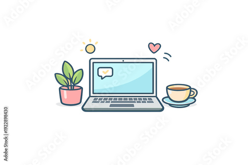 A flat illustration of a laptop computer on a black background, flanked by a small potted plant and a cup of coffee. Floating icons of a sun and a heart appear above the screen.